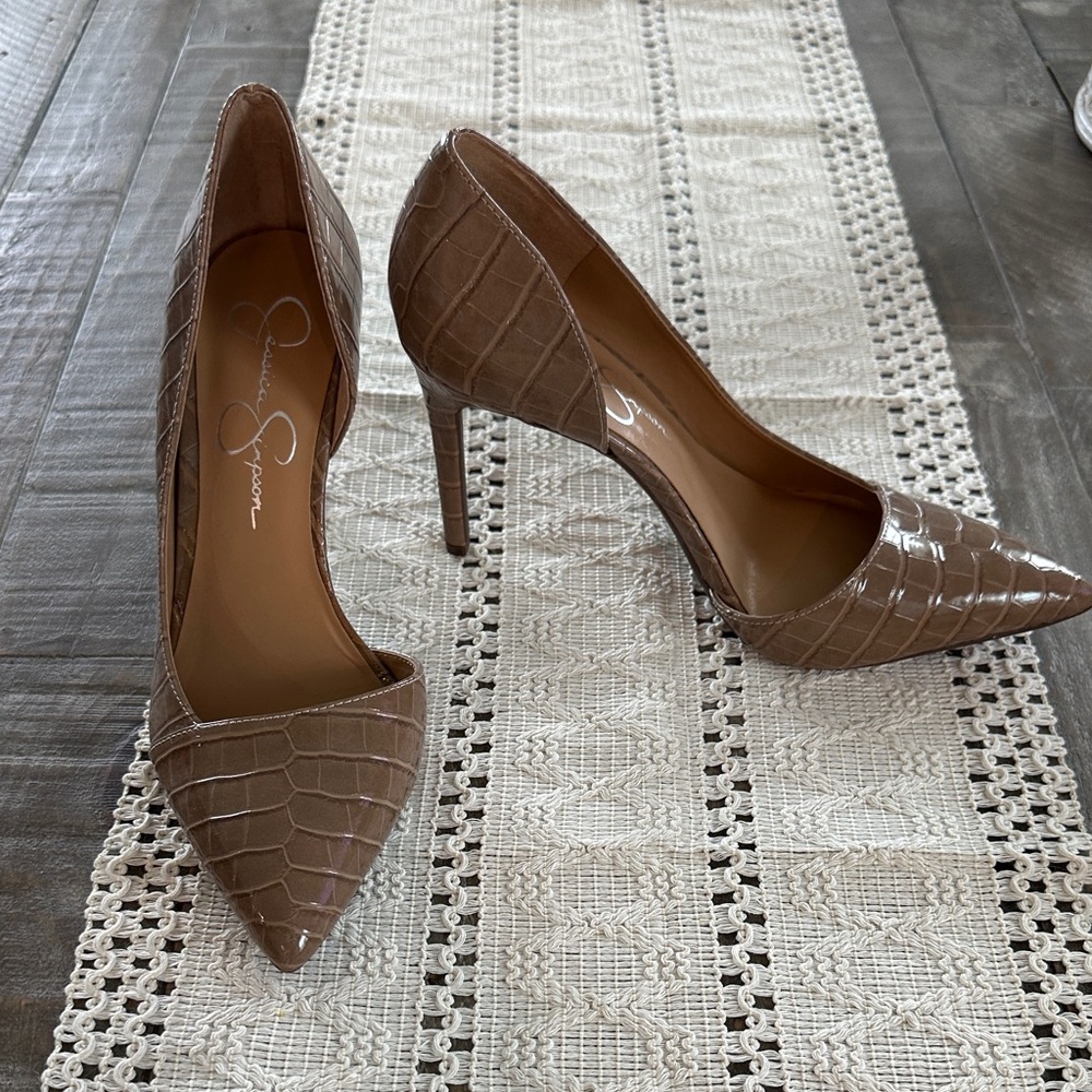 Jessica Simpson Taupe Croc-Embossed Pointed Toe Stiletto Pumps